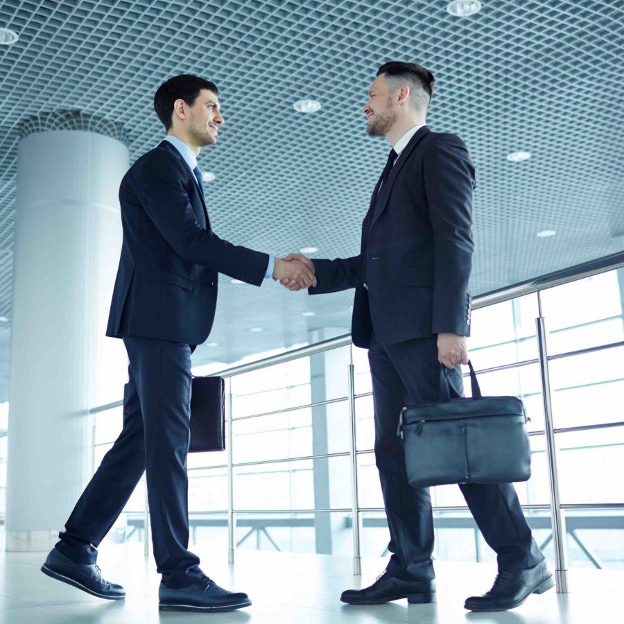 Successful business leaders with briefcases handshaking at meeting